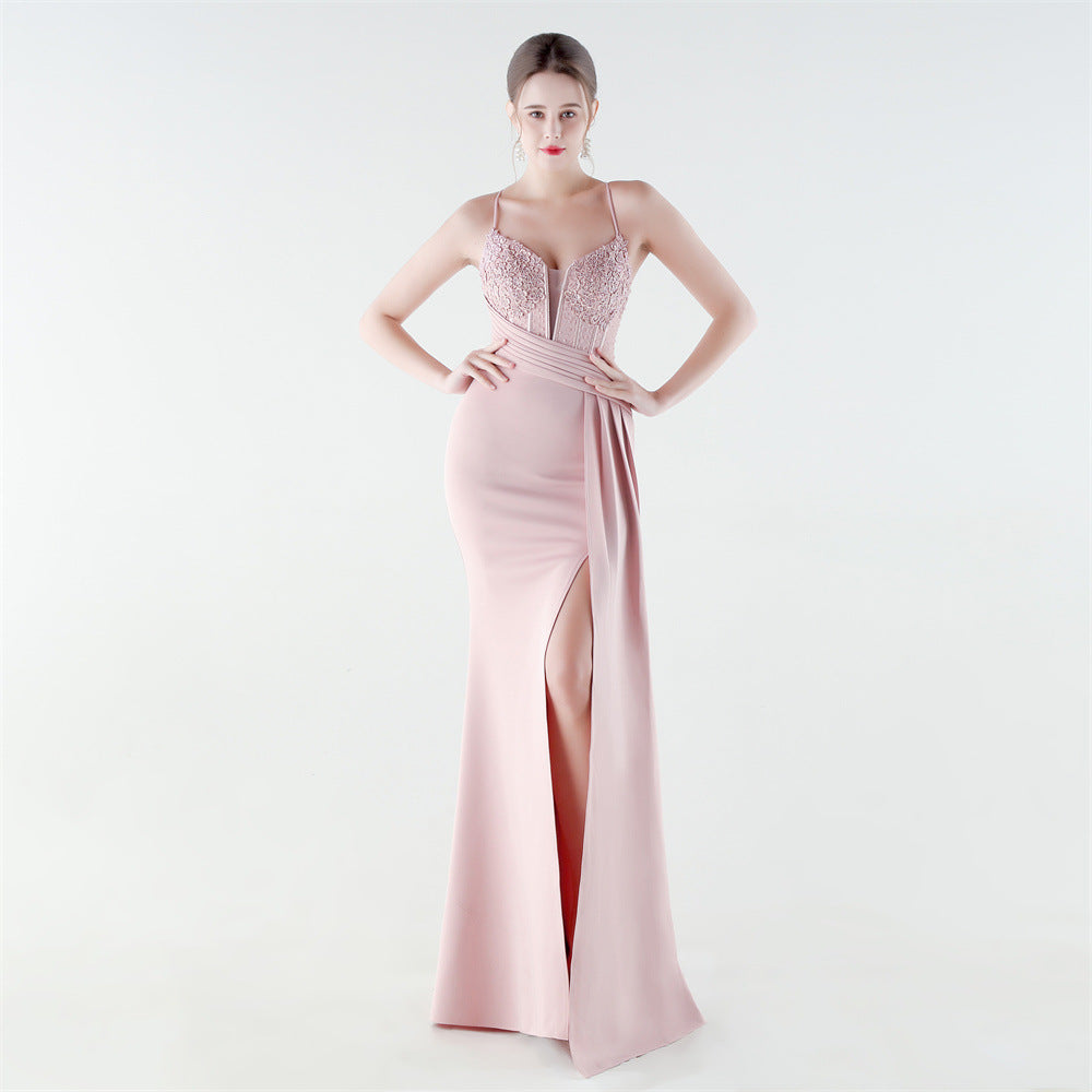 Deep V Plunge Waist Tight High Slit Sequin Embroidered Strap Slim Fit Elegant Evening Dress