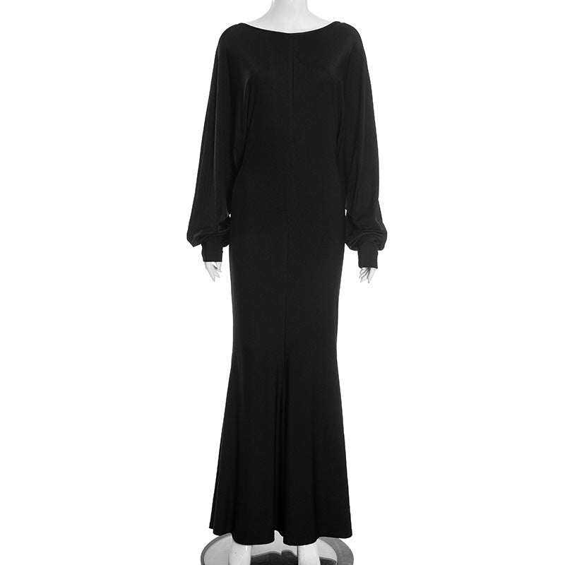 Women Clothing Autumn Winter Solid Color Elegant Casual Long Sleeve Deep V Plunge neck Backless Loose Maxi Dress