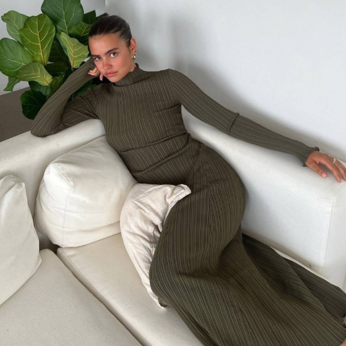 Autumn Winter Knitting Stringy Selvedge Dress Waist Tight Turtleneck Messy Sunken Stripe Core Spun Yarn Slimming Knitted Maxi Dress Women