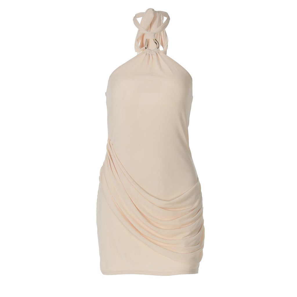 Summer Sexy Stitching Gauzy Package Hip Short Solid Color Street Halter Dress Women