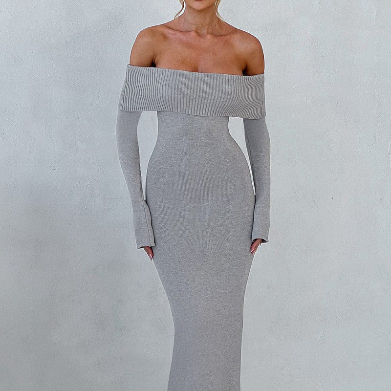 Women Sexy Sexy off Shoulder Long Sleeve off Shoulder Knitted Dress Women