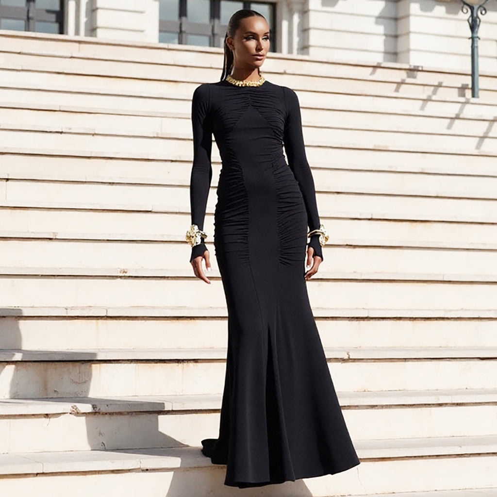 Autumn Women Clothing French Elegant round Neck Long Sleeve Narrow Flattering Dress