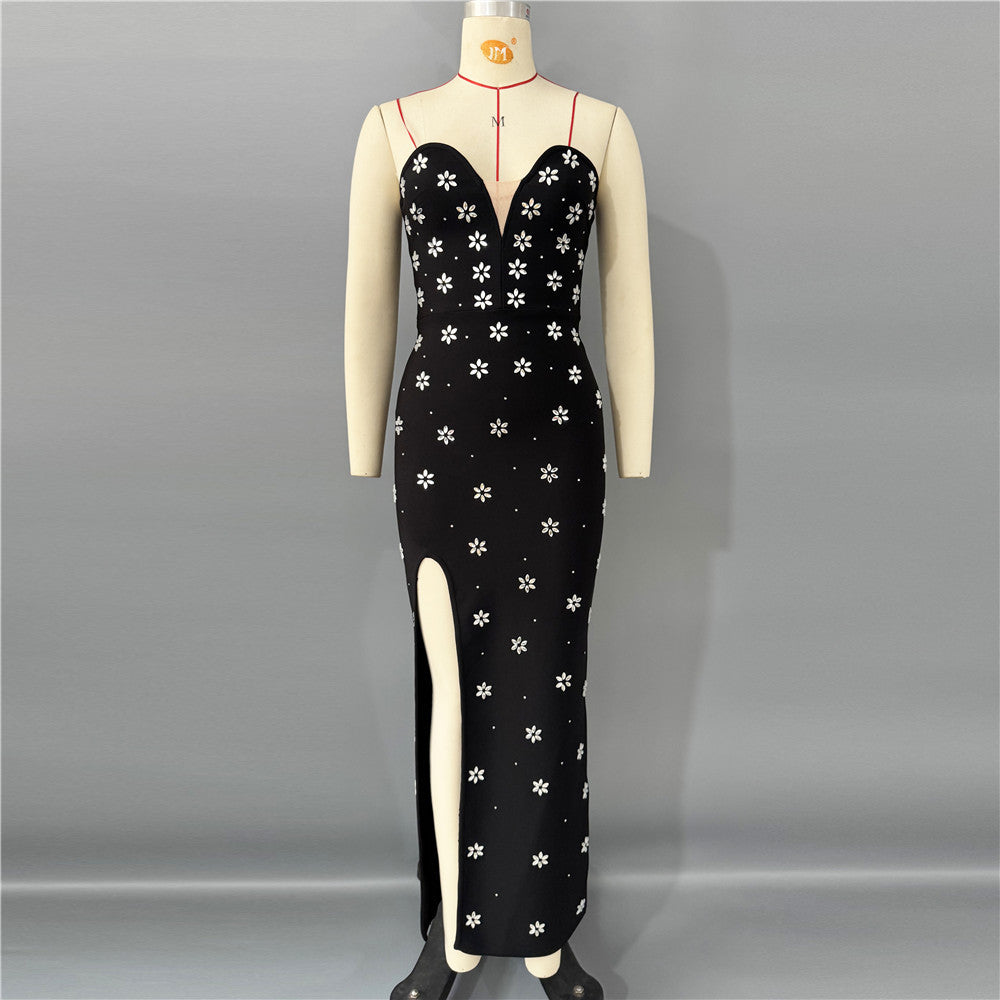 Rhinestone Tube Top Bandage One Piece Dress Sexy High Split Waist Slimming Long Evening Dress