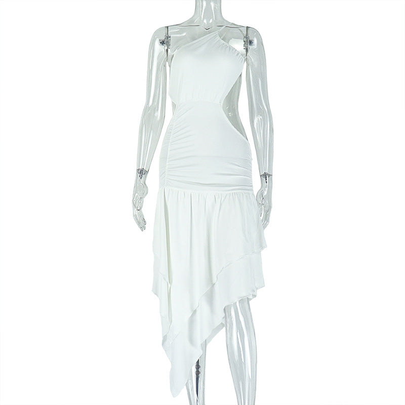 Women Clothing Pleated Elegant Solid Color Asymmetric Dress Diagonal Collar Single Shoulder Suspender Split Dress