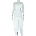Women Clothing Pleated Elegant Solid Color Asymmetric Dress Diagonal Collar Single Shoulder Suspender Split Dress