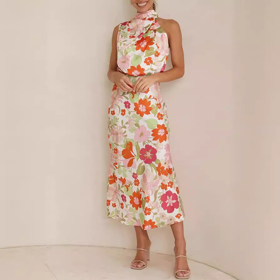 Mature Elegant Women Sleeveless Strap Printing Satin Dress