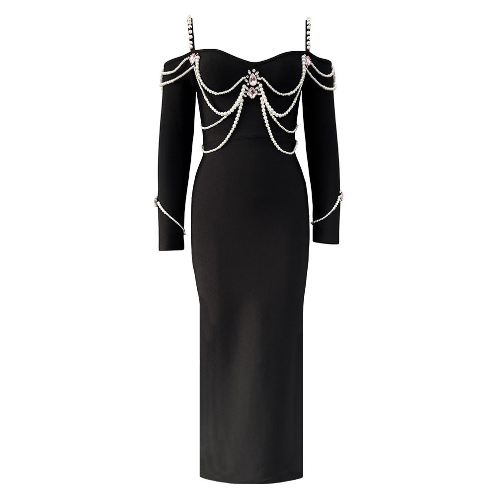 Sexy Sling Beads Rhinestones Long Sleeve Bandage Bandage One Piece Dress Party Gathering Formal Dress
