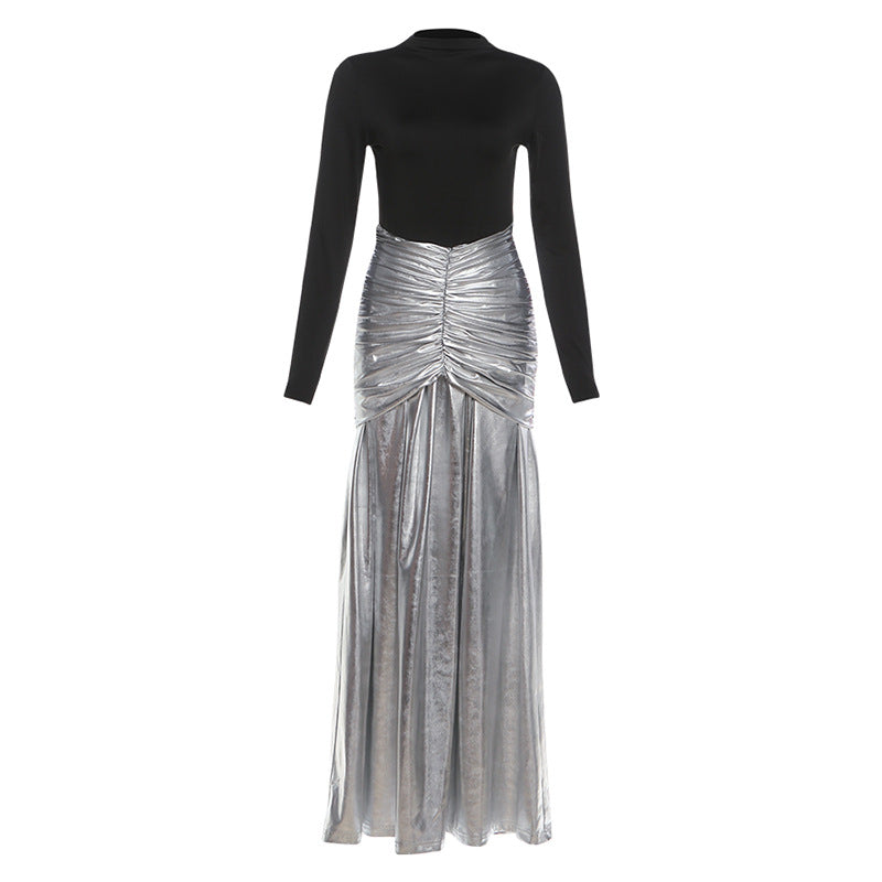 Winter Women Clothing Fashionable Elegant Long Sleeve Stitching Ruffle Waist Tight Elegant Dress