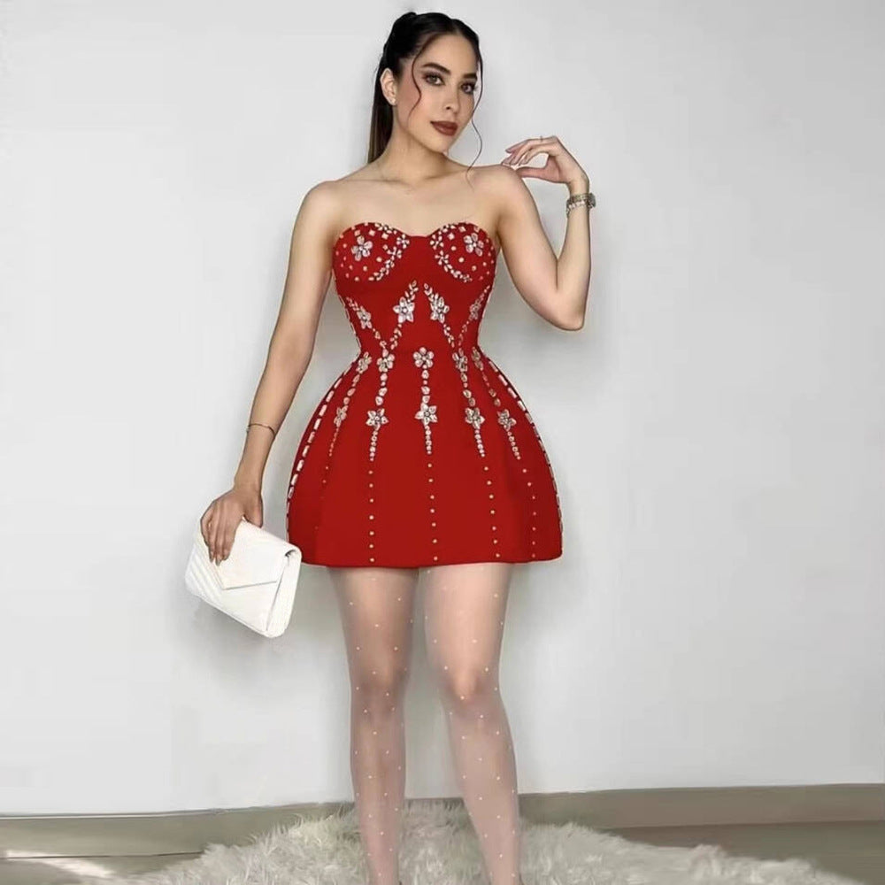 Heavy Industry Beads Diamond Tube Top Bandage One Piece Dress Cocktail Party Dress Mini Dress
