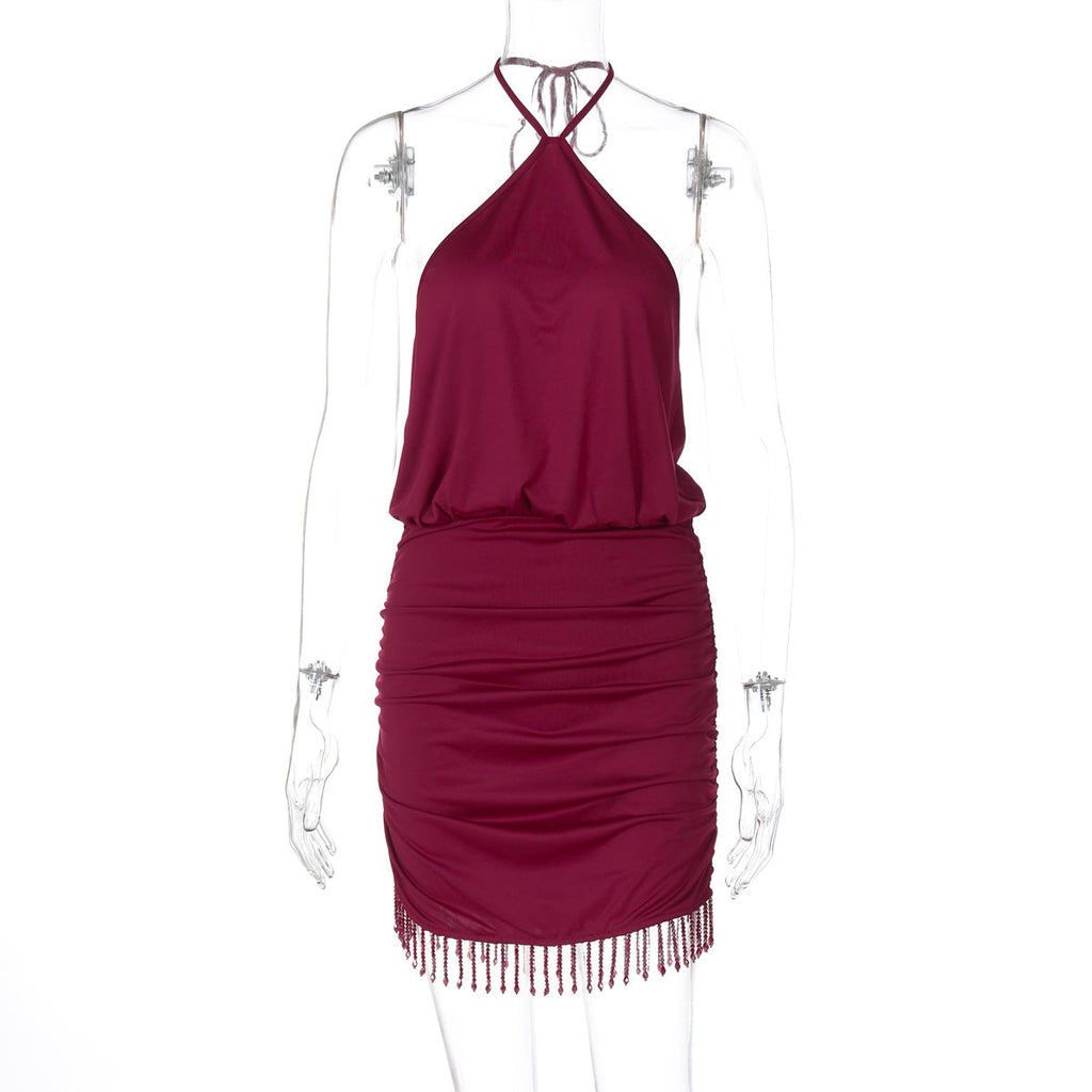 Women Clothing Autumn Lace Halter Sexy Backless Crystal Tassels Slim Fit Sheath Dress