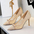 Cocktail High Heel Women Shoes Bow Sequined Lace Mesh Pointed Shallow Mouth Stiletto Heel Women