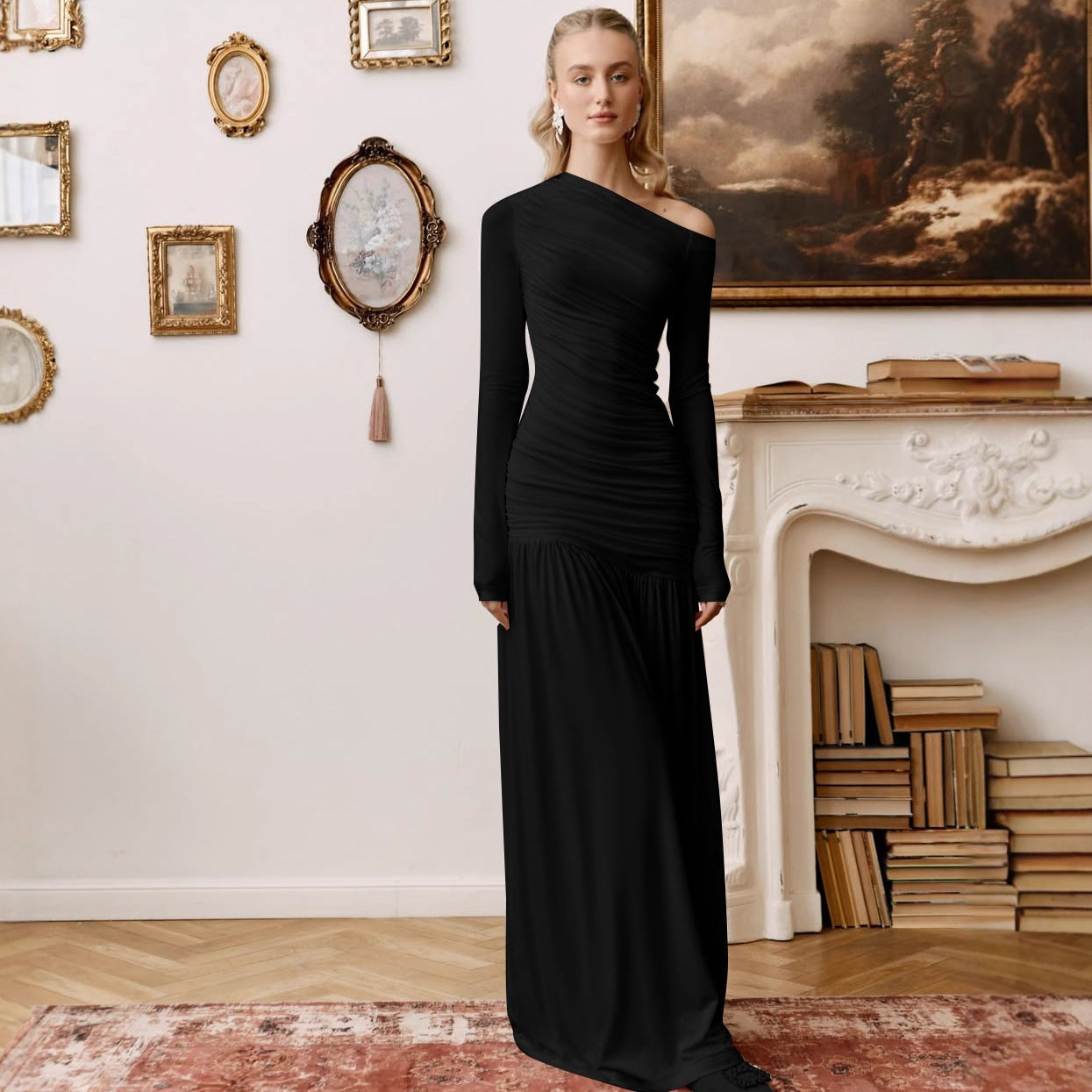 Women Clothing Autumn Solid Color One Shoulder Cold Shoulder Long Sleeve Stitching Dress