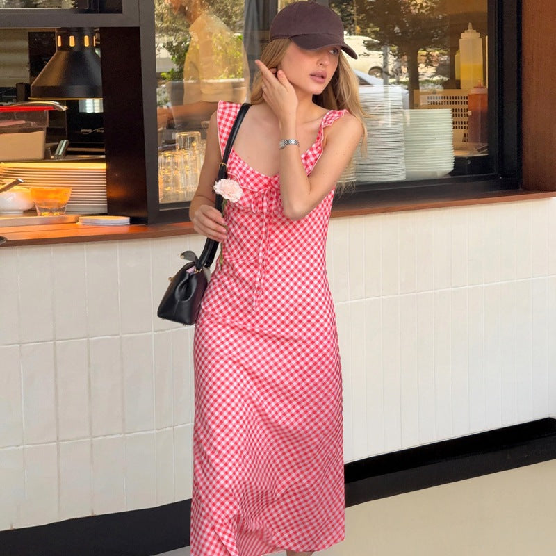 French Summer Sexy V neck Plaid Strap Dress Vacation Maxi Dress