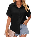 Summer Solid Color Satin Collared Loose Button Short Sleeve Shirt Women