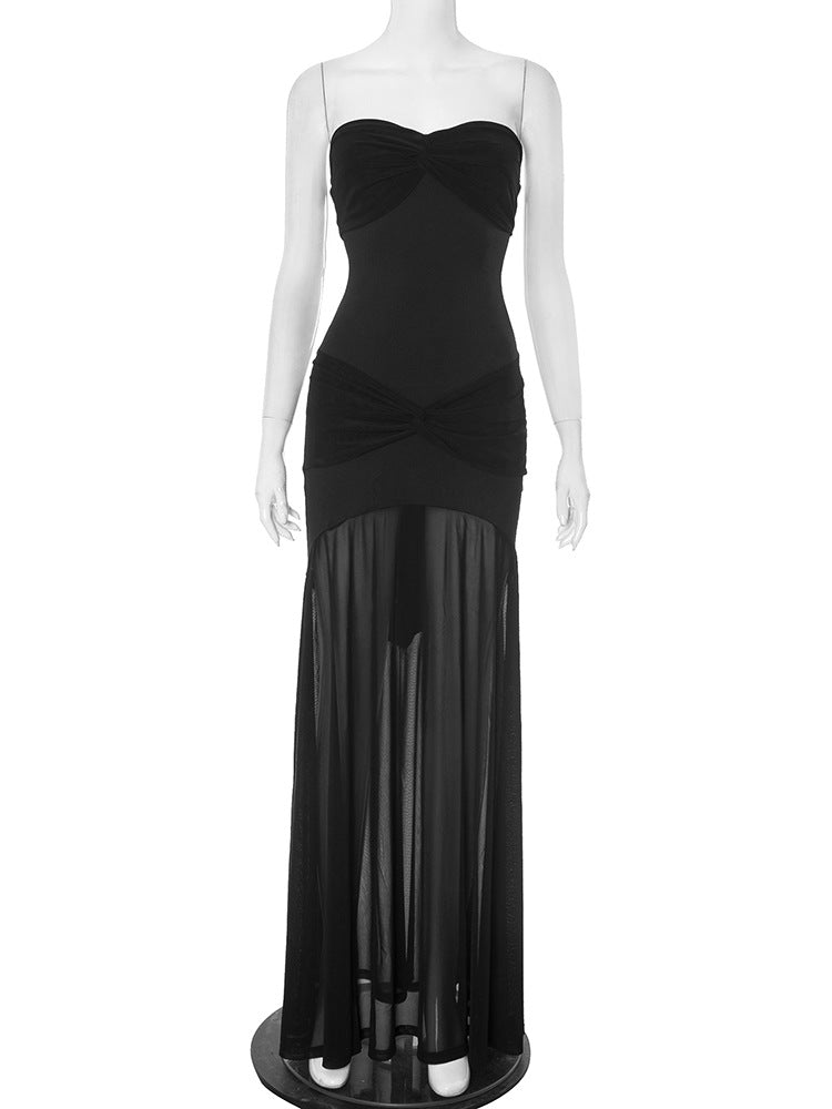 Women Clothing Solid Color Sleeveless Backless Slim Fit Sheath Pleated Tube Top Maxi Dress