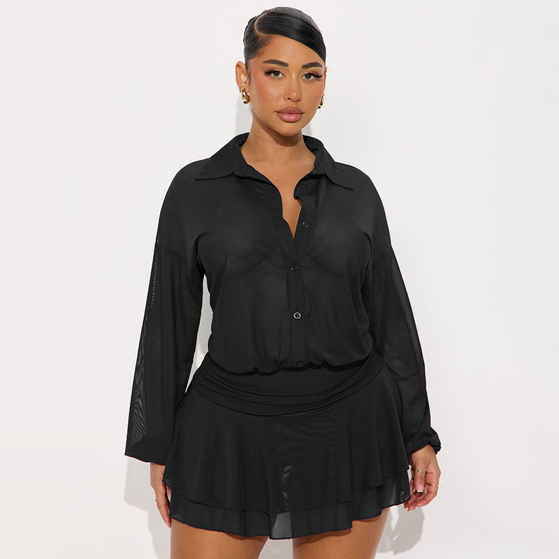 Women Clothing Autumn Solid Color Casual Shirt Collared Ruffled Long Sleeve Mini Dress