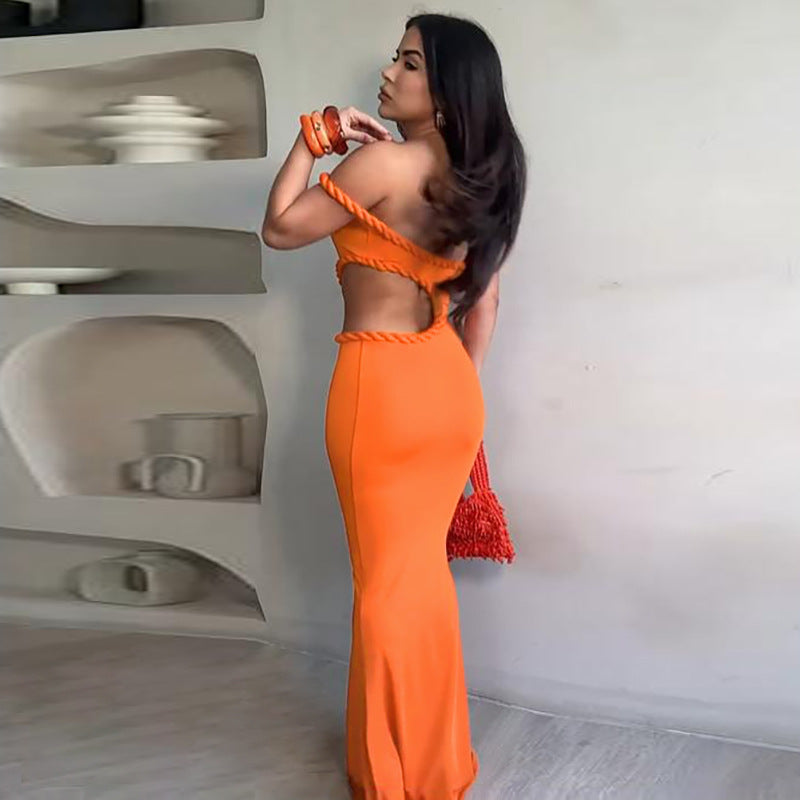 Summer Women Clothing Sexy off Neck Hollow Out Cutout out Cropped Slim Hip Dress