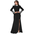 Women Wear Solid Color Long Sleeve Rhinestone Split Dress