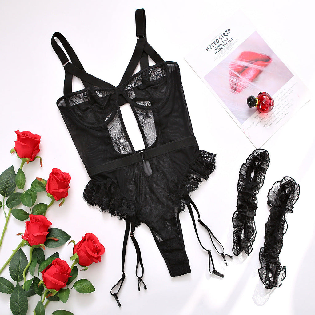 Sexy Lace Lace Cutout See through Sling One Piece Sexy Lingerie Jumpsuit with Leg Ring