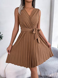 Spring Summer Elegant Cross V neck Sleeveless Cinched Pleated Dress Women Clothing