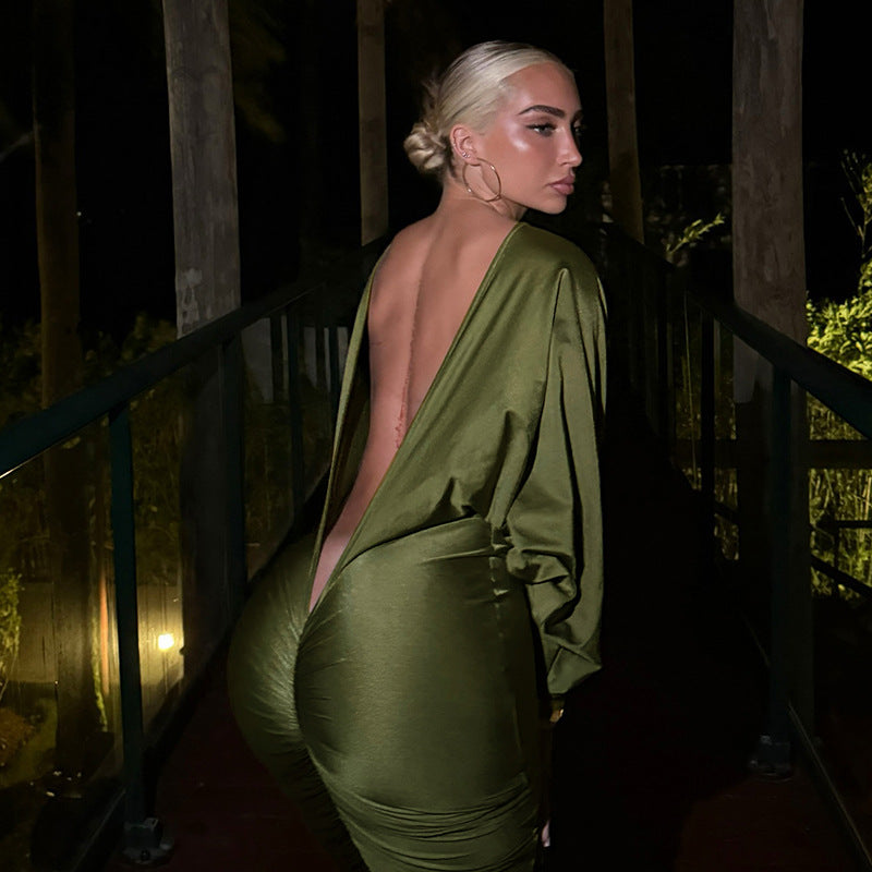 Women Clothing Autumn Winter Solid Color Elegant Casual Long Sleeve Deep V Plunge neck Backless Loose Maxi Dress