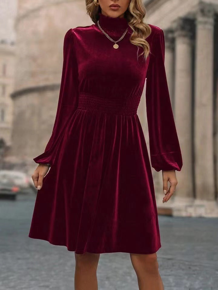 Autumn Winter Women Clothing Velvet Long Sleeves Dress Solid Color Slim Dress