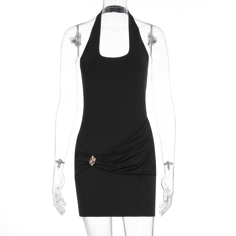 Summer Women Sexy Metal Decorative Lace up Backless Sheath Dress