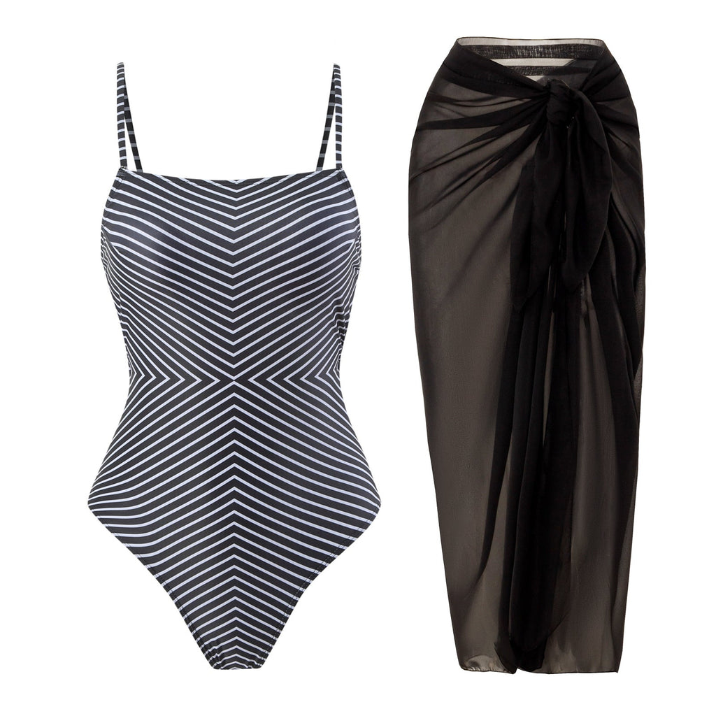 Sexy One Piece Swimsuit Women Bikini Striped Printed Gauze Skirt Swimsuit Bikini