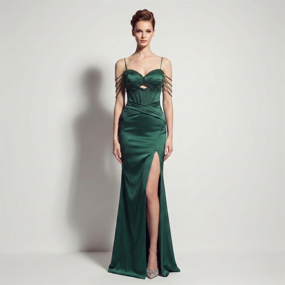 Sling Satin High Slit Boning Corset Strap Fishtail Long Annual Party Evening Dress