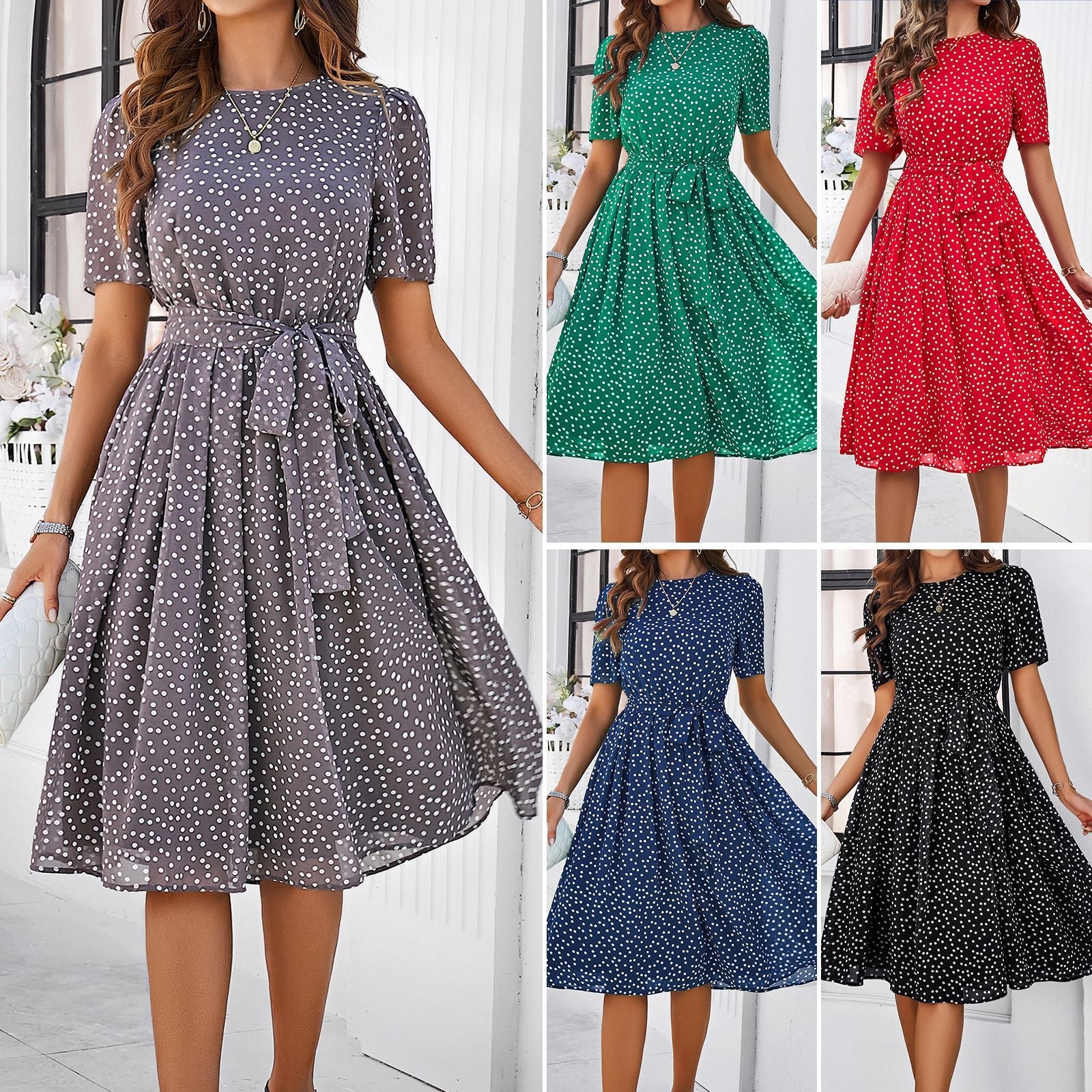 Women Spring Summer Casual Polka Dot Printed Dress