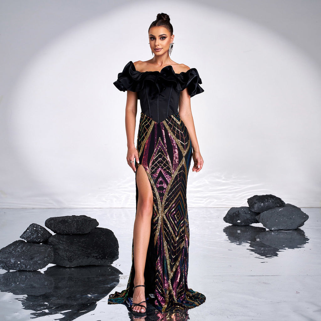 Women Clothing High Grade off Neck Slim Fit Cocktail Sequined Split Long Evening Dress for Women
