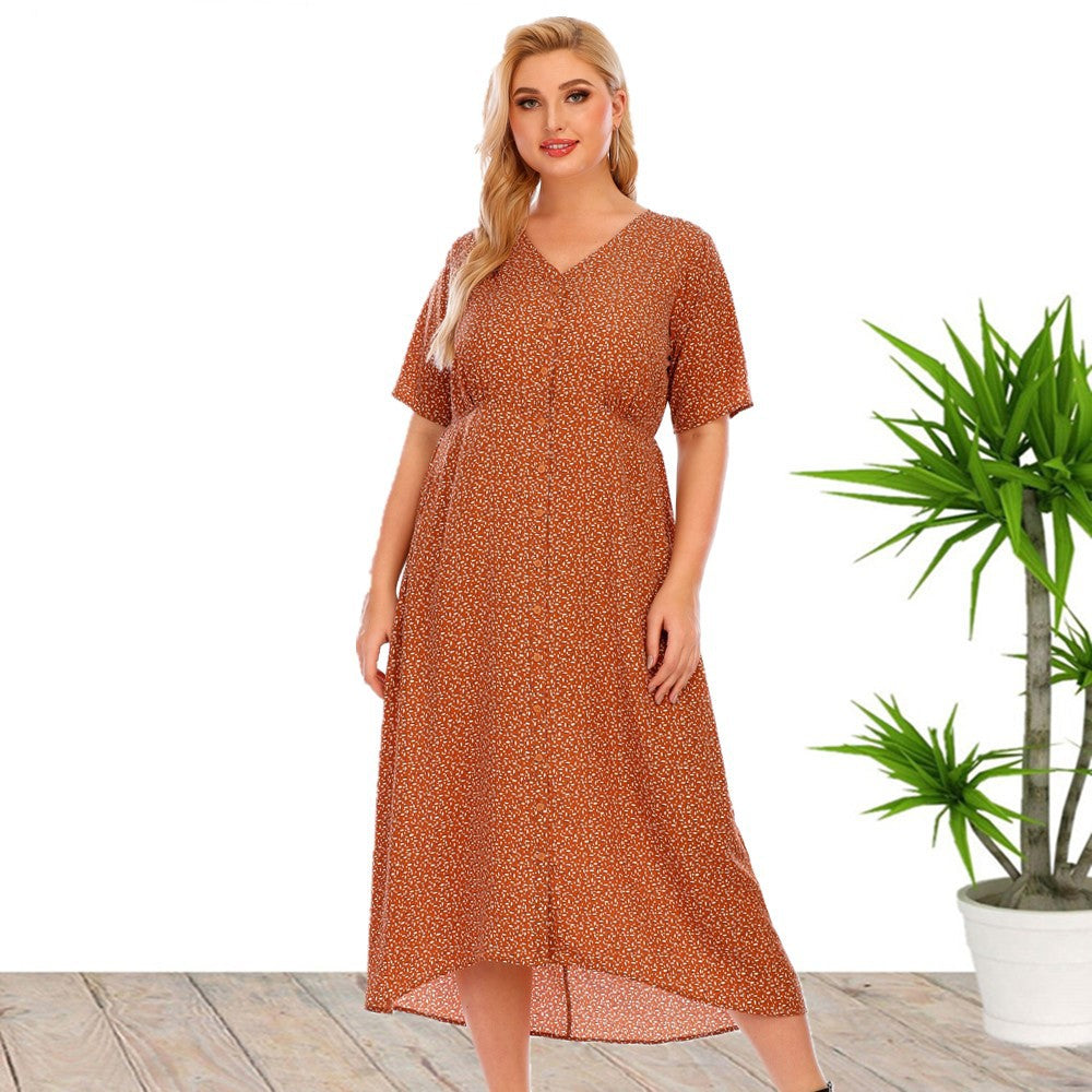 Plus Size Women Summer Short Sleeve Printed Button Pocket Dress