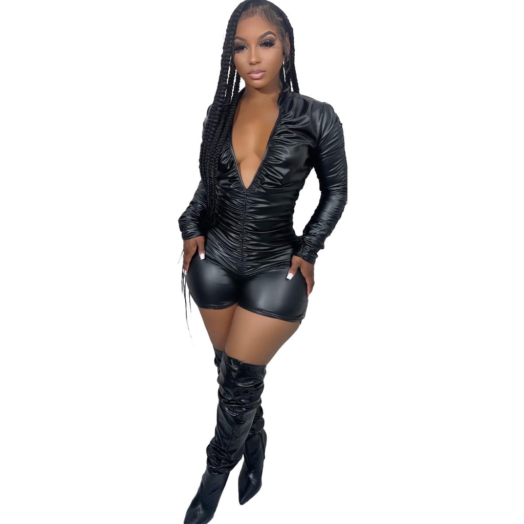 Women Clothing Solid Color Pleated High Elastic Faux Leather Jumpsuit