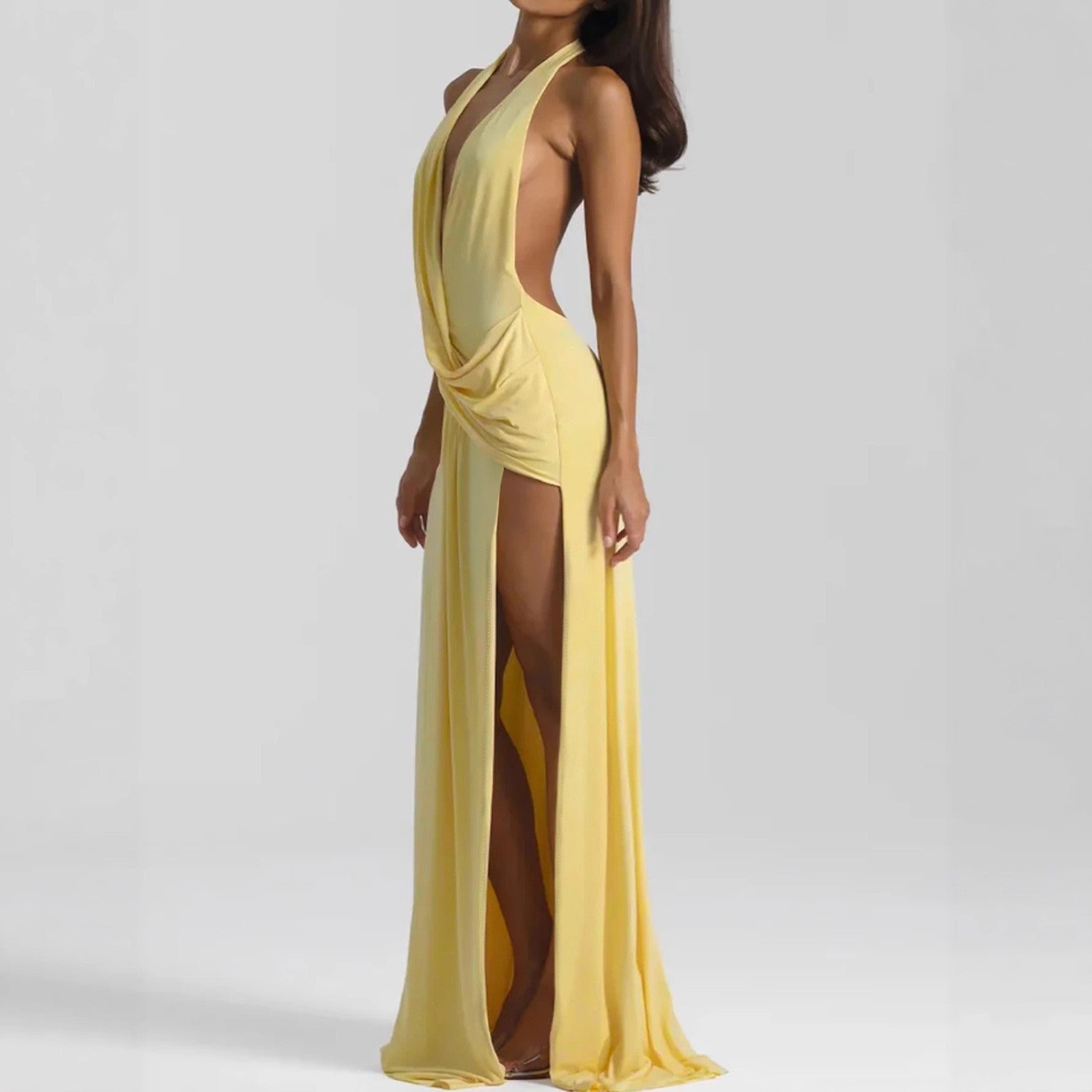 Women Deep V Plunge neck Lace up Backless Sexy Streamers Dress Sexy Maxi Dress