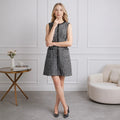 Retro Houndstooth Leather Trim Dress Autumn Winter Tweed Vest A line Dress
