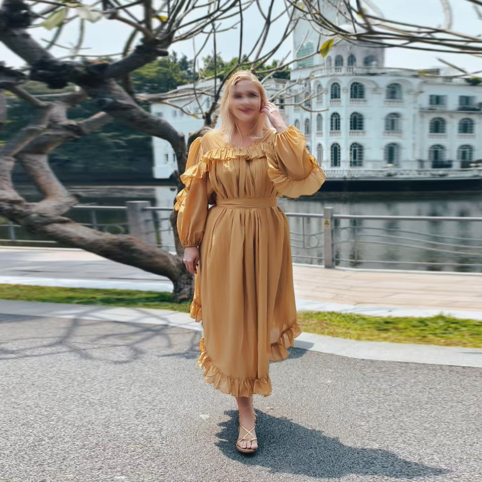Wooden Ear Design High Waist Tight Waist Solid Color Irregular Asymmetric Maxi Dress Summer Dress