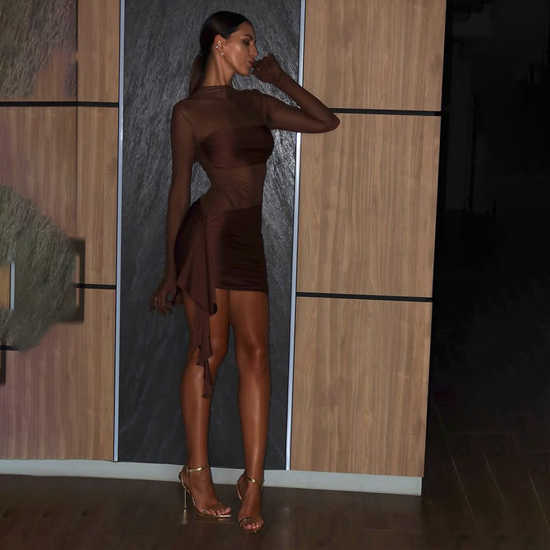Women Sexy Mesh Stitching Hollow Out Cutout Pleated round Neck Slim Fit Long Sleeved Dress