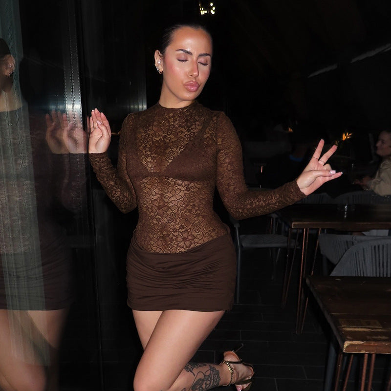 Women Clothing Autumn Solid Color Sexy Slim Lace See through Mesh Long Sleeve Short Dress