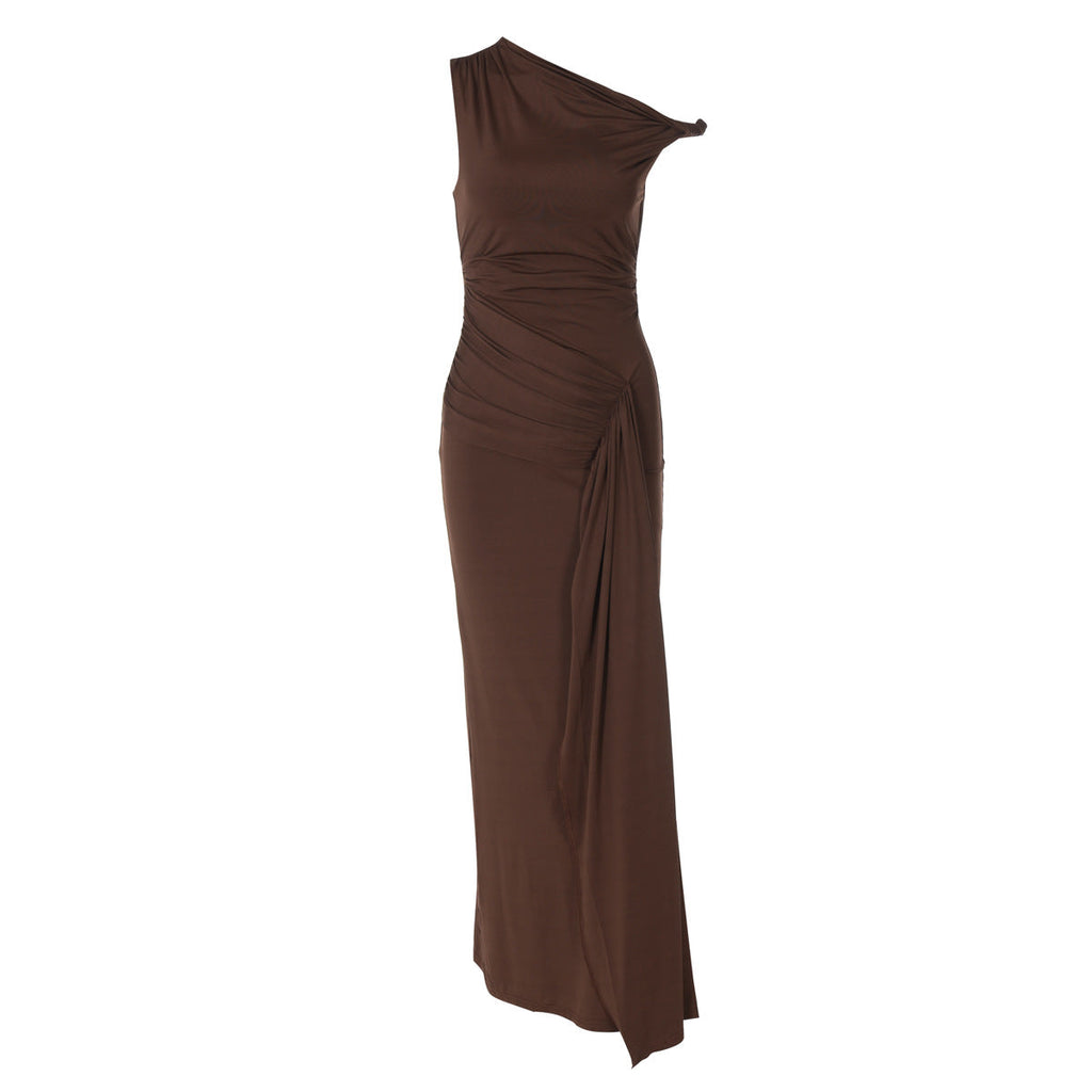 Women Clothing Summer Slim Diagonal Collar Sleeveless Bandage Solid Color Dress Women