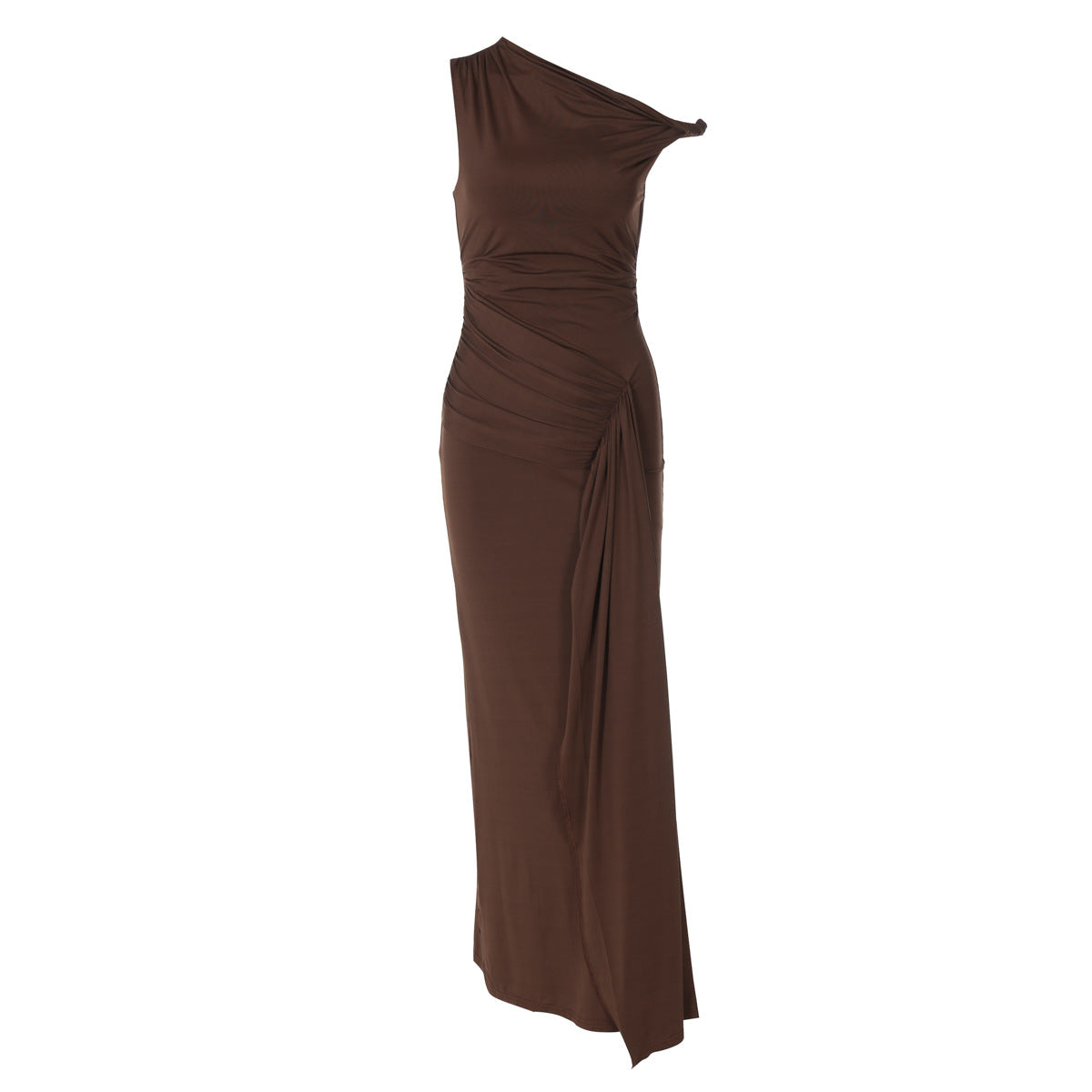 Women Clothing Summer Slim Diagonal Collar Sleeveless Bandage Solid Color Dress Women