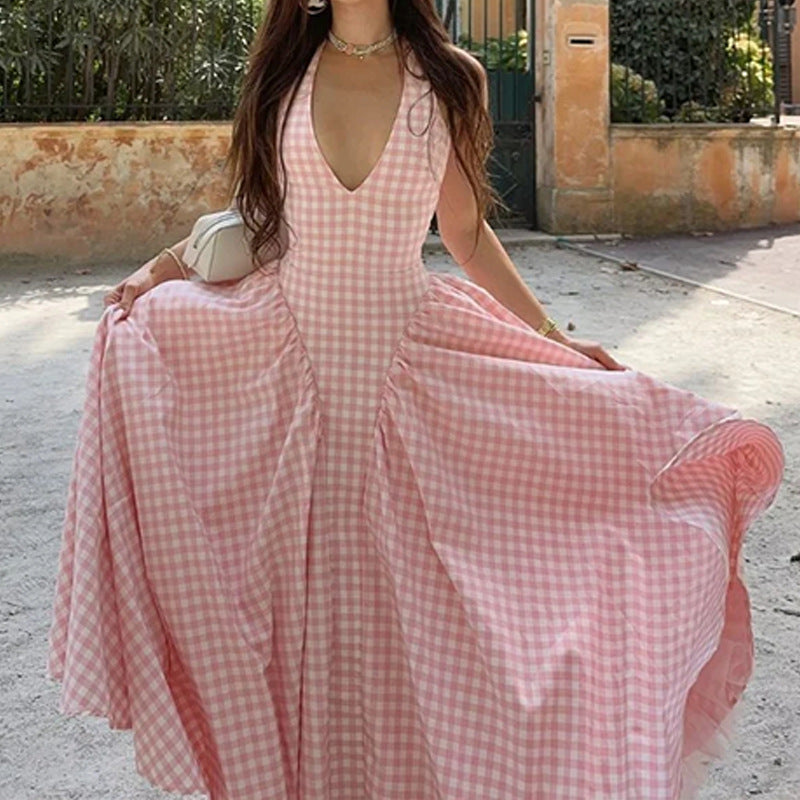 French Sweet Halter Strap Sexy V neck Backless Strap Dress