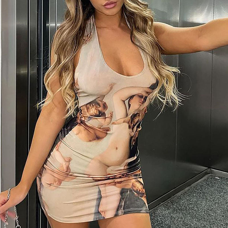 Hip Sexy Fried Street Print Halter Backless Cinched Sleeveless Fashionable Dress