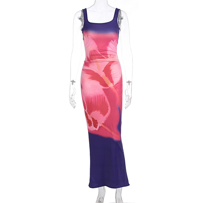Summer Women Clothing Sexy Printed Strap Backless Slim Fit Figure Flattering Dress