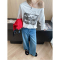 Early Autumn Niche Shoulder Design Retro Printed Loose Long Sleeves T shirt
