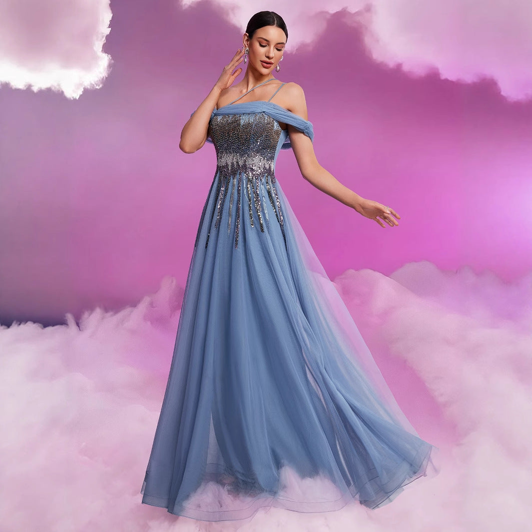 Elegant Sequin Mesh Fit Tube Top Elegant Cocktail Formal Dinner Dress Large a Swing Floor Dress