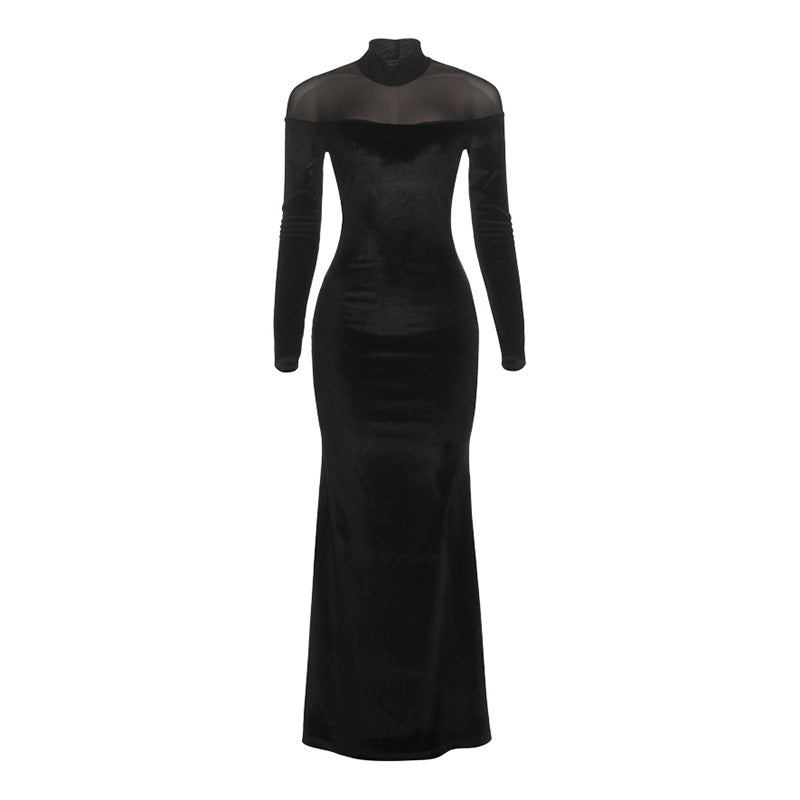 Autumn Winter Women High Collar Long Sleeve Elegant Graceful Slim Solid Color Slimming Dress
