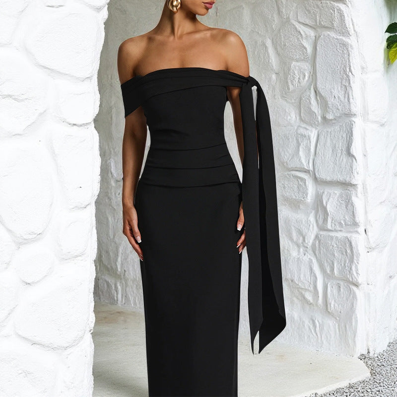 Autumn Women Clothing Sexy Knitted Ribbon Tight off Shoulder Dress Long Dress