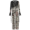 Summer Women Clothing Color Contrast Printed Sexy V neck Mesh Long Sleeve Dress