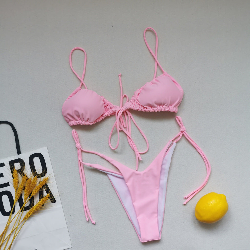 Sling Bandage Swimsuit Women Pleated Push up Drawstring Sexy Solid Color Bikini Swimsuit