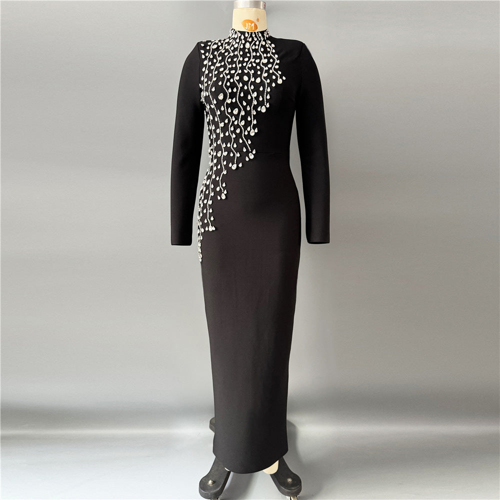 Heavy Industry Manual Rhinestone Long Sleeve Bandage One Piece Dress Socialite Elegant Dress the Dinner Party Maxi Dress
